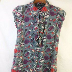 Button Down Cosmetic Print Ruffle Blouse